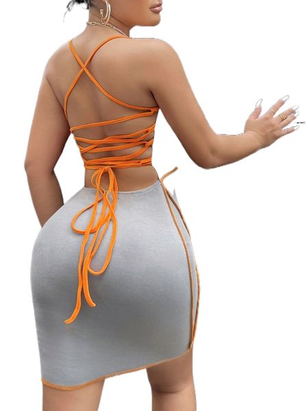 

sxy stitching crisscross tie backless cami bodycon dress w48h#, Black;gray