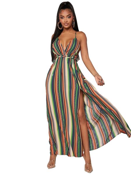 

sxy striped criss cross back split thigh cami dress u1az#, Black;gray