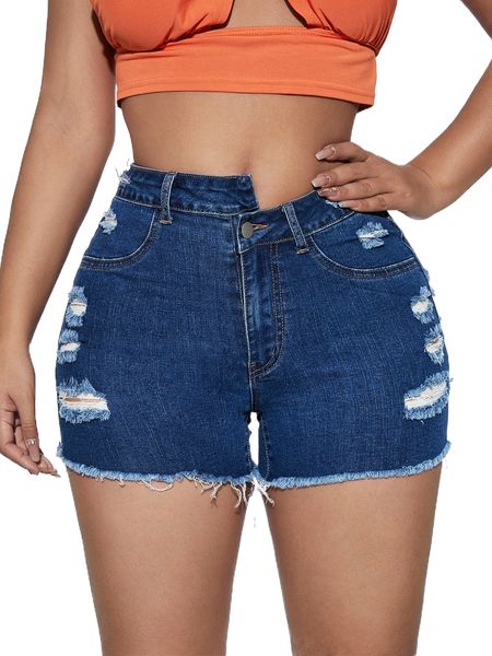 

sxy asymmetrical waist ripped frayed raw hem denim shorts 46wy#, White;black