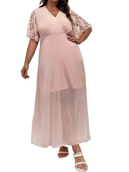 

plus contrast lace butterfly sleeve chiffon dress a7lx#, Black