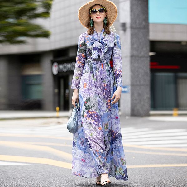 

women's runway dress lace up collar long sleeves printed elegant fashion high street maxi designer dresses vesitdos, Black