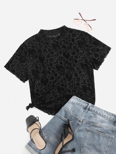 

plus floral print mock neck lettuce trim mesh m2wx#, Black