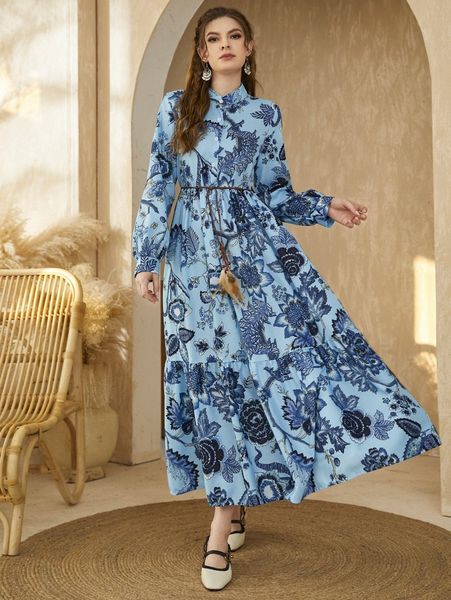 

allover floral print ruffle hem shirt dress b8jw#, Black;gray