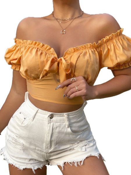 

off shoulder tie front frill trim d51t#, White