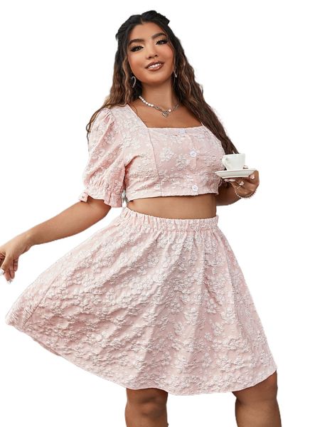 

plus floral pattern puff sleeve crop blouse & skirt 31up#, Black