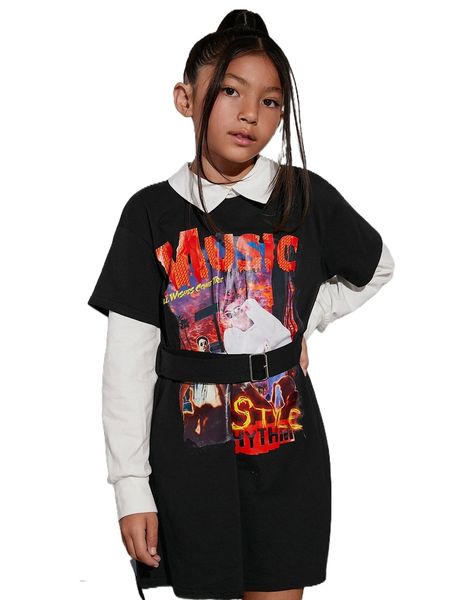

girls letter graphic colorblock dress with belt i0mz#, Black;white