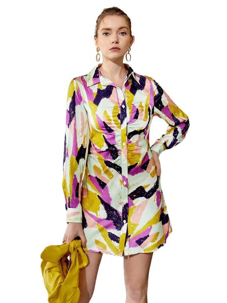 

brush print ruched single breasted satin dress t0vs#, Black;gray