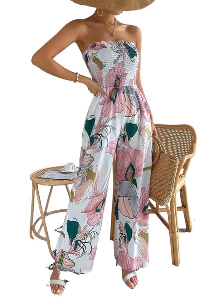 

floral print shirred detail frill trim tube jumpsuit 51ej#, Black;white