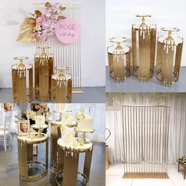 Grand Evento Cenário de Castas de sobremesa Display Floral Decoração de casamento Gold Metal Metal Plinth Background Arch Party Birthday Stage Cake Crafts Balloons Holder