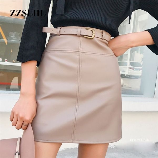 

zzslhl include belt pu leather a-line skirt for women high waist office wear s female short with quality 220317, Black