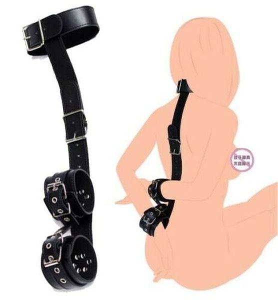 Cuoio DELL'UNITÀ di elaborazione Dietro La Schiena Manette Legante Restraint Collo Al Polso Polsini Bondage SM Posizione Aiuto Fetish Tortura Giocattoli sexy per Coppia