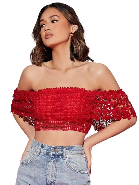 

off shoulder exposed zipper back guipure lace overlay r2yl#, White