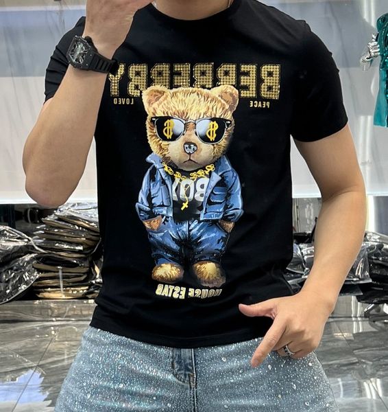 

2022 summer men's fashion slim fit leisure fashion round neck cotton printing drill short sleeve t-shirt m--5xl, White;black