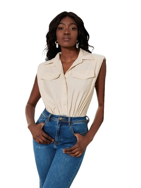 

shoulder pads button front shirt bodysuit e5jq#, White