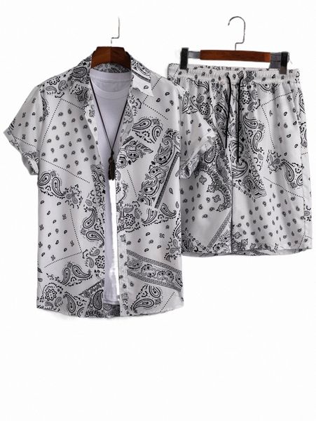 

men paisley print shirt & drawstring waist shorts without tee 98j3#, Gray