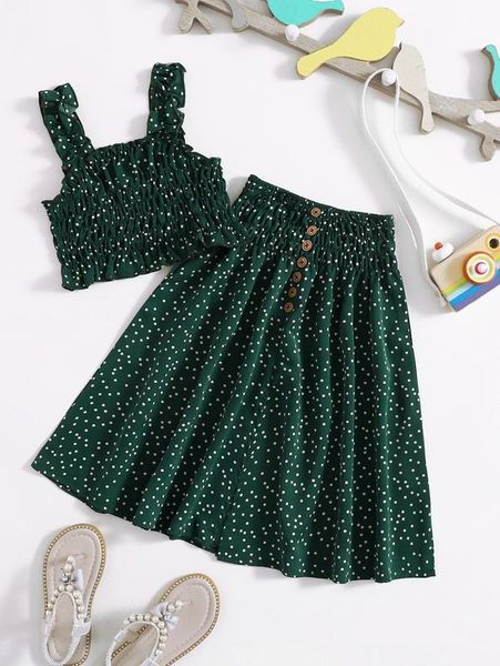 

little girl poka dot pleated short suspender and skirt she, White