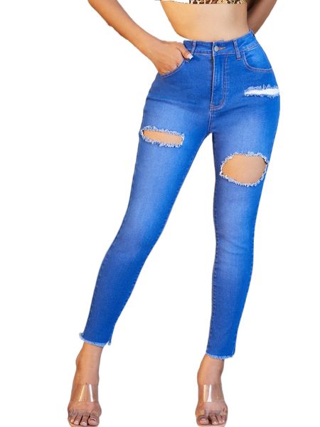 

h.igh w.aist r.ipped cut out r.aw trim s.kinny j.eans 06br#, Blue