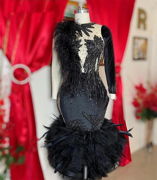 2022 Черное платье для выпускного вечера Veet с одним рукавом и кисточками и перьями длиной до колена Aso Ebi, вечернее выпускное платье Robe De Bal для африканской девушки 322