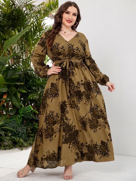 

plus floral print belted dress a0lv#, Black