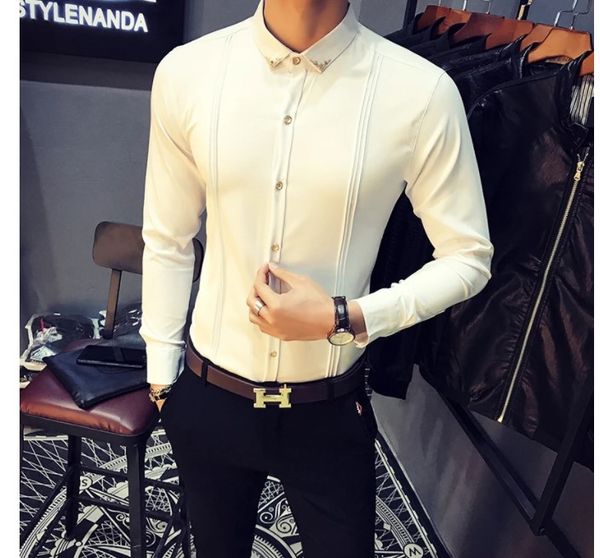 

men tuxedo shirts pleated front solid mens dress shirts casual slim fit long sleeve wedding evening blouse male black red white, White;black