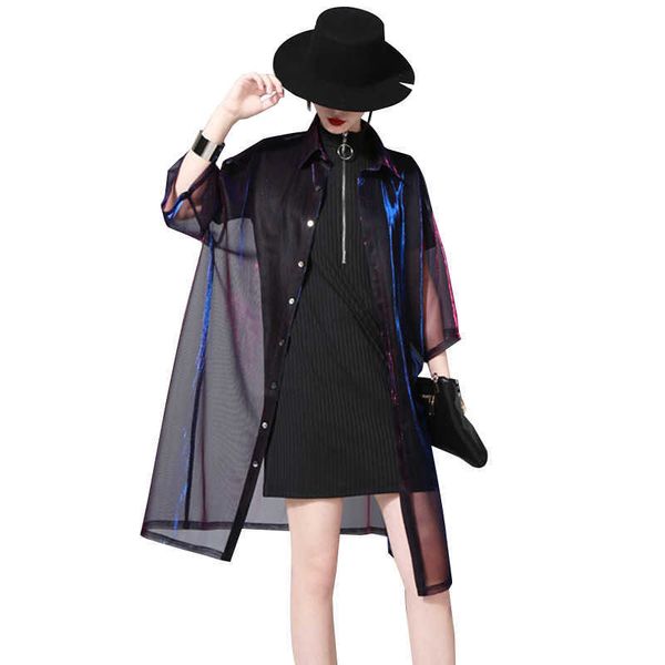 

women's cape 2022 new spring summer lapel three-quarter sleeve green shing perspective loose big size shirt women blouse fashion ju180, Black