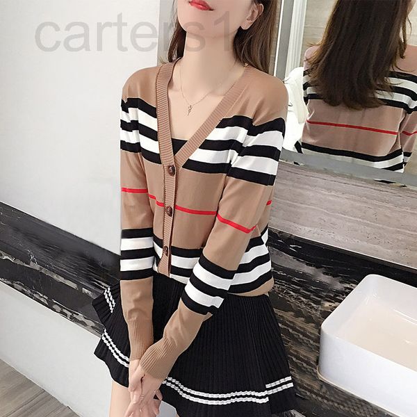 

women's knits & tees designer new spring and autumn net red lazy wind striped sweater knitted cardigan women's fashion v-neck loos, White