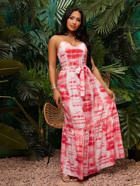 

sxy tie dye ruffle hem belted cami dress e7pq#, Black;gray