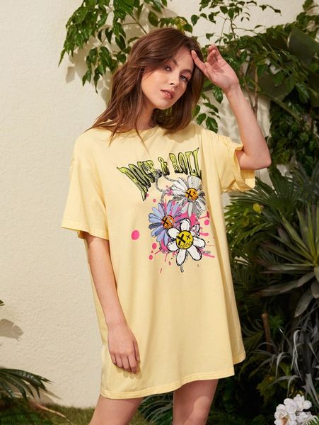 

letter & floral print drop shoulder tee dress t4fy#, Black;gray