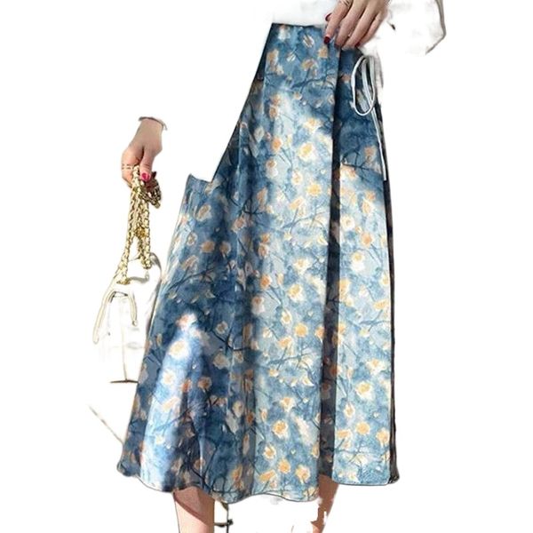 

fashion summer chiffon beach print skirt all-match high waist sweet floral for womens korean midi long vintage skirts y0h7#, Black