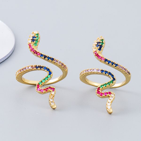 

new cross-border european and american style ring brass gold plated micro inlaid zircon ornament niche colorful snake ring, Golden;silver