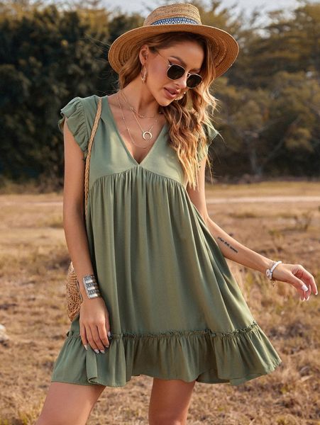 

ruffle trim frill smock dress x1th#, Black;gray