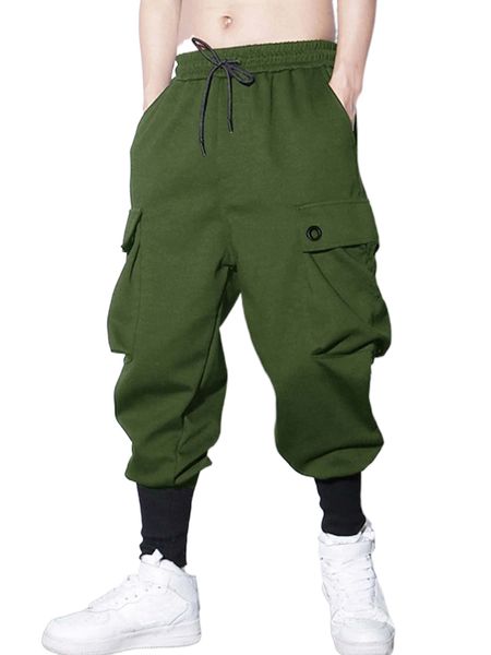 

men drawstring waist cargo pants 62og#, Black