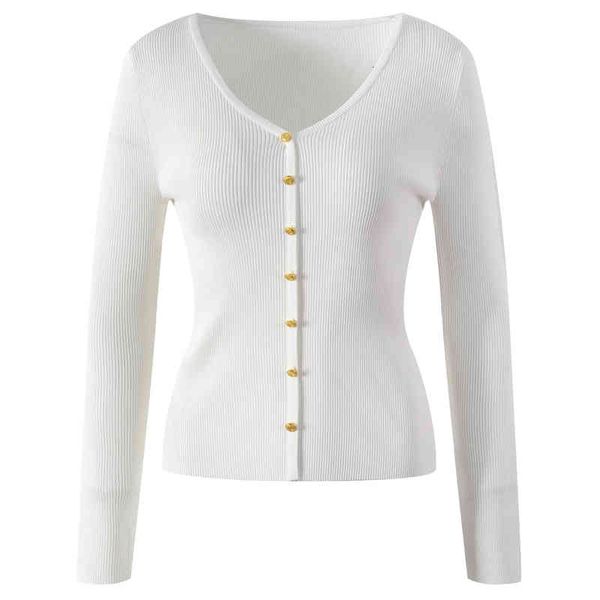 

women's knits tees autumn and winter v-neck gold button sweater long sleeved elegant temperament pure color simple women's fashion, White