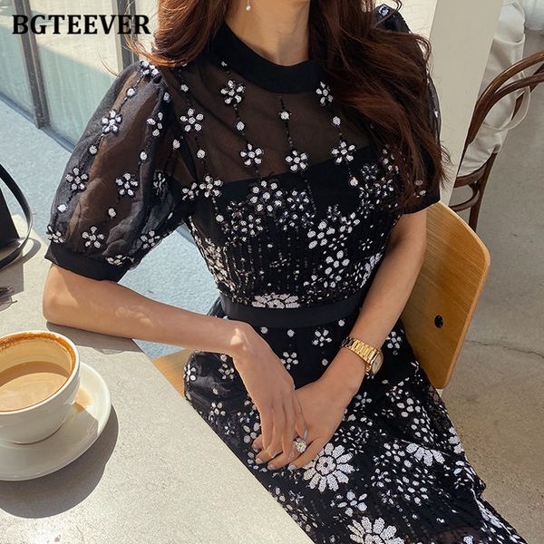 

bgteever elegant embroidery printed ladies layered dress 2022 spring summer o-neck puff short sleeve slim women a-line dress, Black;gray