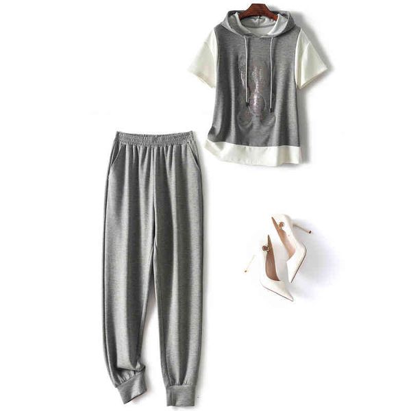 

women's tracksuits shopping mall original order export light luxury foreign trade large discount tail goods summer splicing hooded t-sh, Gray