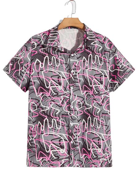 

romwe guys all over print button front shirt a7av#, White;black
