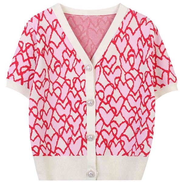 

women's sweaters spring 2022 love jacquard nail bead button niche design slim fitting v-neck short sleeve knitted cardigan 09v7, White;black