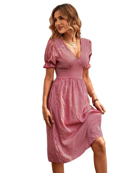 

gingham print puff sleeve dress 43qn#, Black;gray