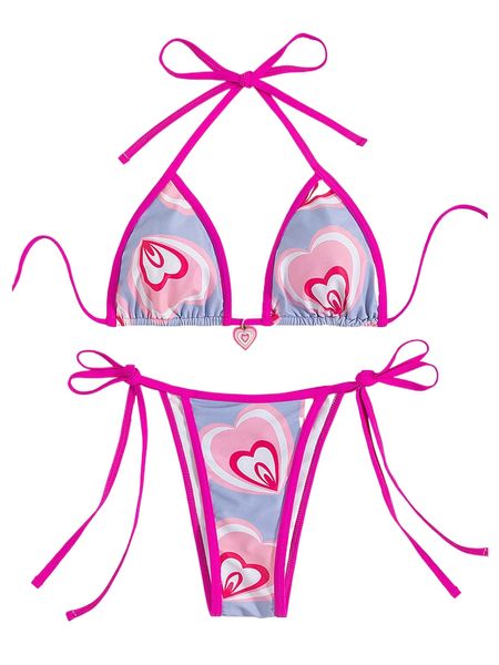 

heart print binding trim halter triangle bikini swimsuit h3s0#, White;black