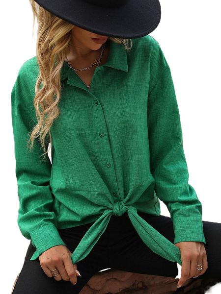 

solid button front knot hem shirt v8zn#, White