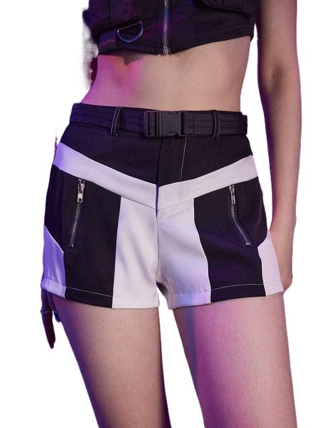 

romwe cyber luvr color-block belted shorts f8he#, White;black