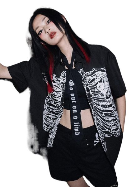 

romwe punk rock skeleton graphic button front shirt & 1pc letter tie f6xg#, White