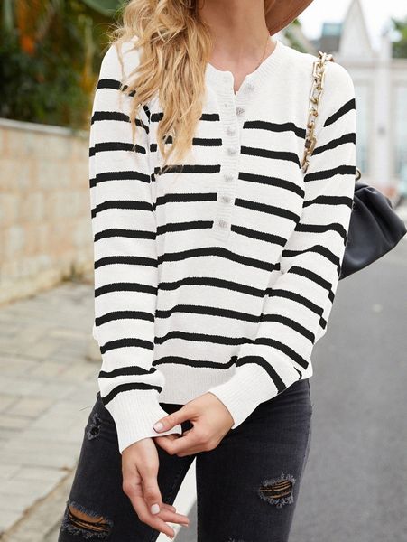 

striped pattern raglan sleeve single breasted sweater n5av#, White;black