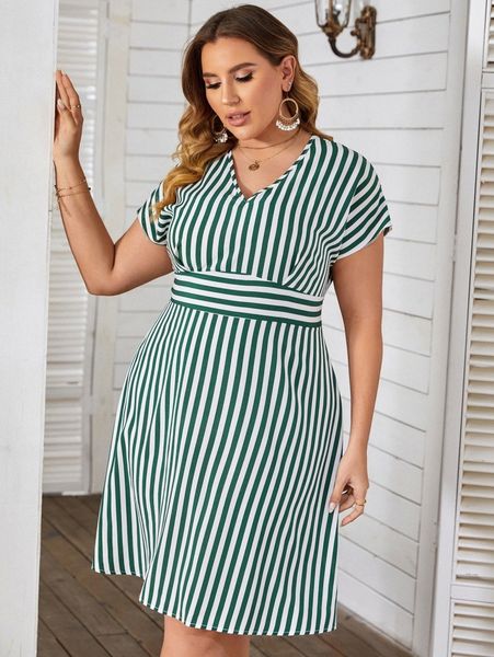 

plus v neck tie backless striped dress 75cg#, Black