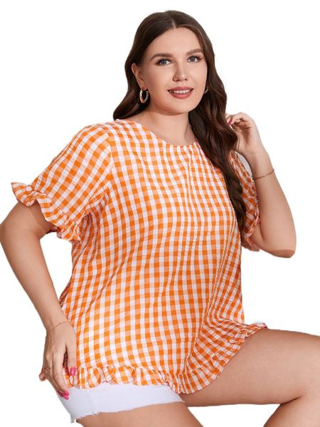 

plus gingham frill flounce sleeve blouse 51hs#, Black