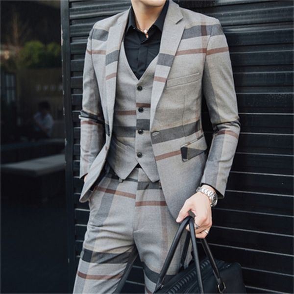 3 Stück (Jacke + Weste + Hose) Maßgeschneiderte Nevy Blue Herrenanzüge Maßgeschneiderter Anzug Hochzeit Männlich Slim Fit Plaid Business Smoking S-5XL