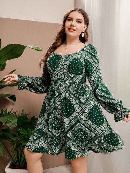 

plus paisley scarf print flounce sleeve ruffle hem dress a4dn#, Black