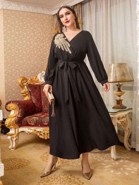 

plus floral embroidery surplice neck belted dress f87l#, Black