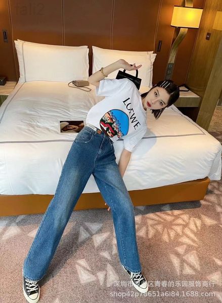 

women's jeans designer lo italian waist cloth with letters, foreign style, age reducing high straight jeans, female 5peq, Blue