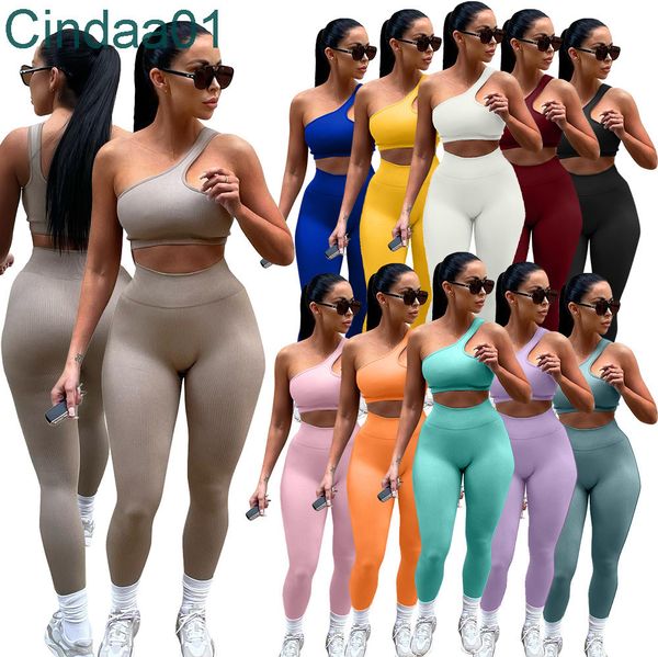 Женщины сплошной цвет один плечевой жилет летние спортивные костюмы Дизайнерские спортивные пробежки 2 штук йоги жилет и брюки S-2xl